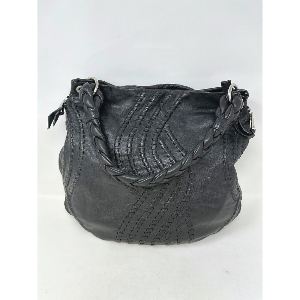 Kenar Whip Stitch Braded Strap Leather Shoulder Bag Black